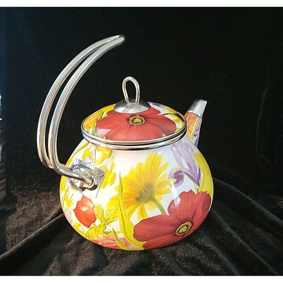 Pioneer Woman 2.3 Qt Enameled Steel Flower Garden Tea Pot Kettle Floral - Picture 4 of 9